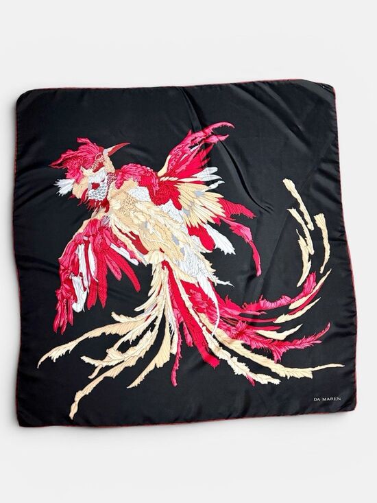 DA MAREN Accessories - DA MAREN Silk Scarf Phoenix Fantasy Bird Black Pink Fuchsia Beige Hand Rolled